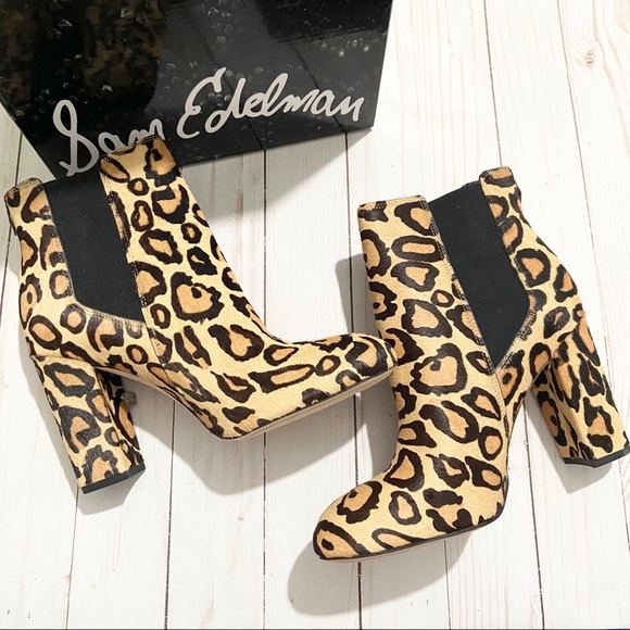 NIB SAM EDELMAN Case Nude Leopard Print Heel Boots Size 7.5 - Picture 1 of 5